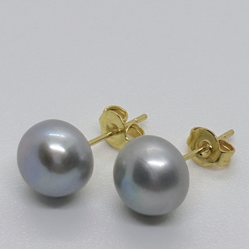 Grey 9-10mm Freshwater Pearl Gold Plated Stud Earrings